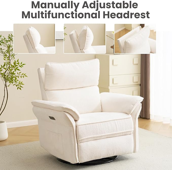 Oversized Power Recliner Chairs for Adults with Massage and Heat, Power Swivel Rocker Recliner Chair with Adjustable Headrest, 26" Extra Wide Rocker Nursery Recliner with USB Port, White