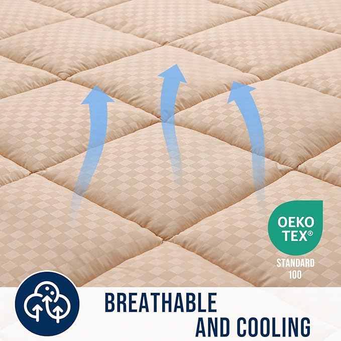 OLANLY King Quilted Fitted Mattress Pad, Elastic Fitted Mattress Topper, Cooling Soft Mattress Cover Stretches up to 21 Inches Deep, Machine Washable Mattress Protector (78x80 inch, Beige)