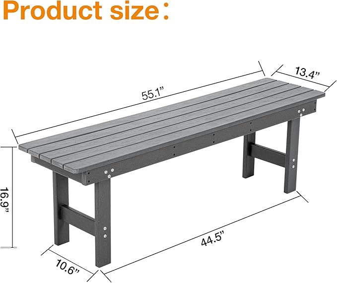 Patio Dining Set, All Weather HDPE Outdoor Dining Bench, Gray