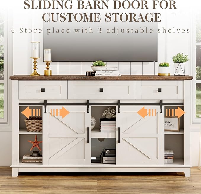 Farmhouse TV Stand with Sliding Barn Door & Drawer, 59" Rustic Entertainment Center for TVs up to 65", Buffet Storage Cabinet for Living Room, Dinning Room, White+Barnwood