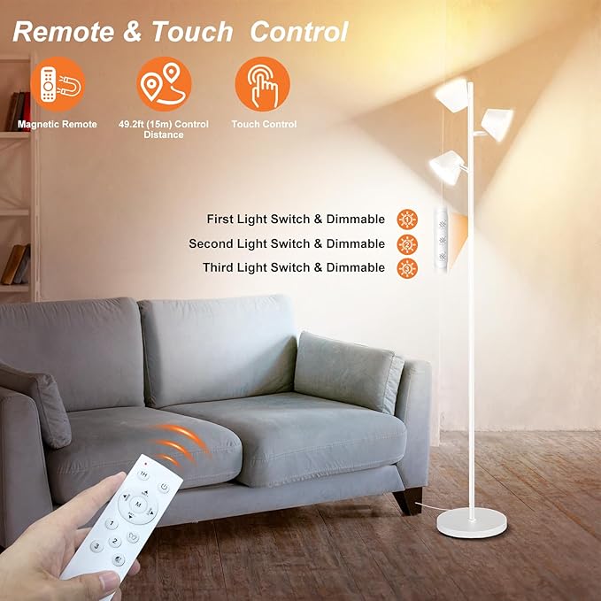 White 42W Tree Floor Lamp, Super Bright LED Standing Lamp with Remote, Modern Dimmable Floor Lamps,Individual Control, Rotable Head LED Lamp for Living Room Bedroom Office