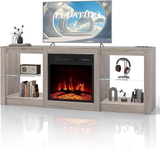 Ludatido 58 Inch TV Stand with 18 inch Fireplace Insert LED Light Entertainment Center Electric Fireplace TV Stand with USB&AC Power Interface for Living Room/Bedroom/Media Room Use(Gray)