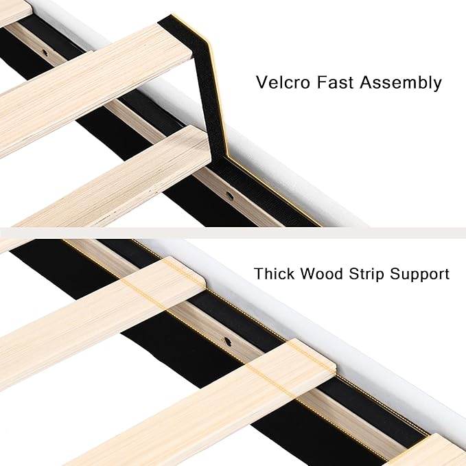 Full Upholstered Bed Frame with Headboard, Button Tufted Linen Bed Base, Platform Bed with Wood Slat, Heavy Duty, Easy Assembly, No Box Spring Needed, White