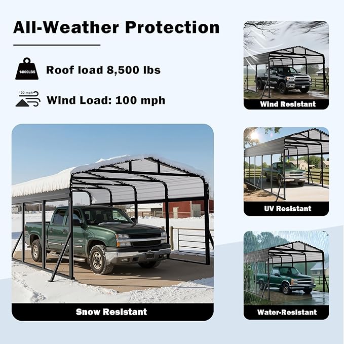 12x20FT Heavy Duty Metal Carport - Reinforced Galvanized Carport Canopy for All-Weather Shelter, Enhanced Wind Resistance for Boats, Cars, Trucks and Tractors