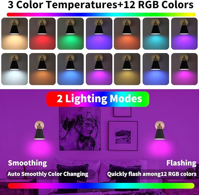 Black and Gold Battery Operated Wall Sconce Set of 2, Rechargeable Wall Light with Remote, 3CCT Dimmable Wireless Wall Lamp, LED Cordless Sconce for Living Room Hallway,12 RGB Colors,180°&330°Rotation
