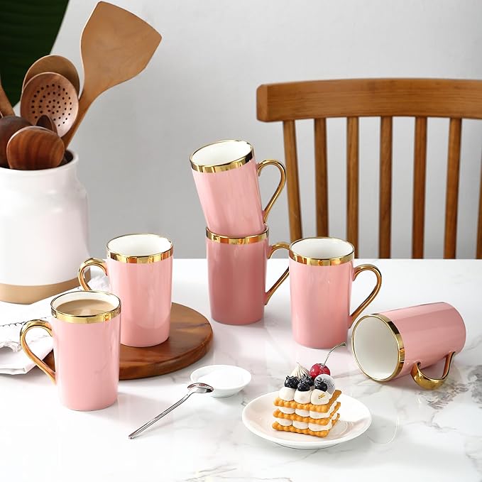 Coffee Mugs,12OZ Ceramic Coffee Mugs Set of 6,Cups with Large Handles for Men Women, Porcelain Big Mug for Tea Latte, Housewarming Wedding Gifts(pink and gold)