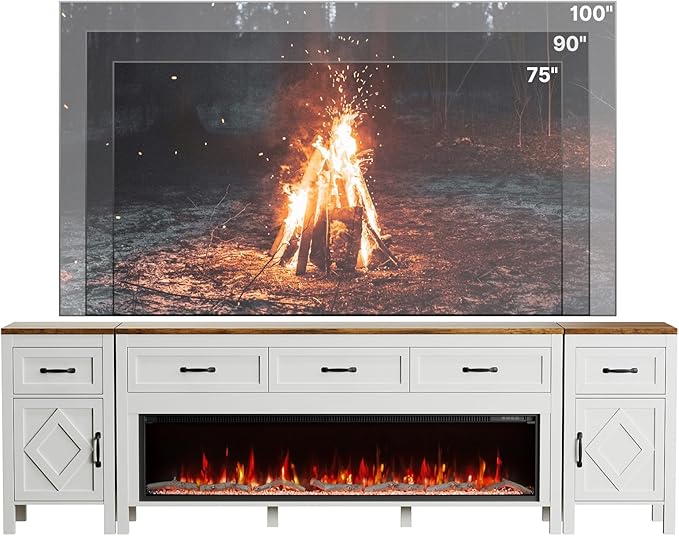 Modern TV Stand with Fireplace for TVs Up to 100 Inch,Entertainment Center with 60" Electric Fireplace,98" TV Console with Storage Cabinet Drawers for Living Room(Off White)