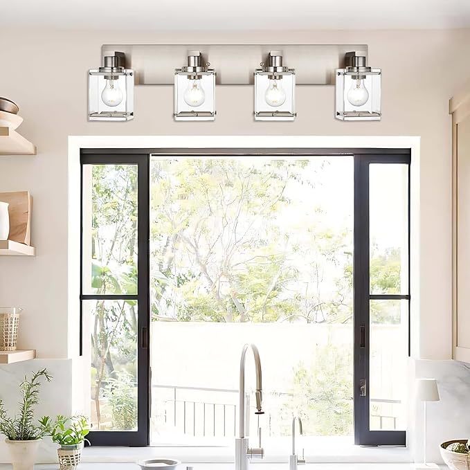 4-Lights Bathroom Vanity Light Fixtures in Brushed Nickel, E26 Socket Wall Sconce Lighting Fixtures with Clear Glass Shades for Over Mirror Bedroom Living Room Cabinet
