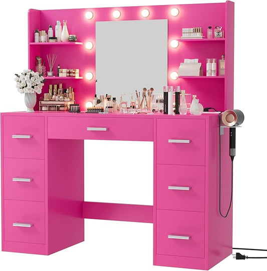 Furmax Vanity Desk with Mirror, LED Lights and Power Outlet Makeup Vanity Table with 7 Drawers and 6 Storage Shelves Dressing Table for Bedroom Dressing Room (Rose Pink)