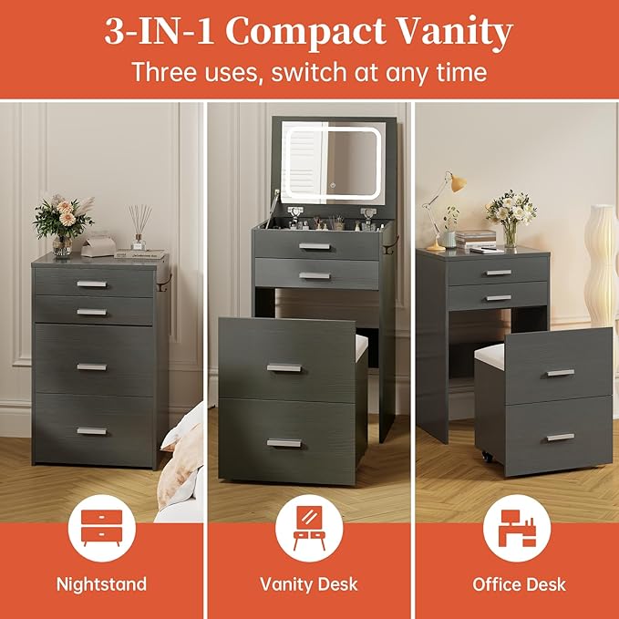 Compact Vanity with 3 Drawers, 3 in 1 Vanity Desk, Makeup Desk with Flip-up 3 Colors Lighting Mirror and Cushioned Stool, Small Vanities Nightstand Perfect for Bedroom, Gray