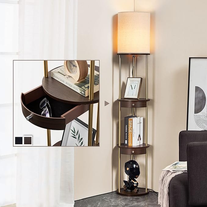 ATAMIN 63" LED Floor Lamps for Living Room, Display Shelf for Collectibles, Room Storage Shelf with Drawer, Corner Lamp for Bedroom, Floor Lamp with Shelves