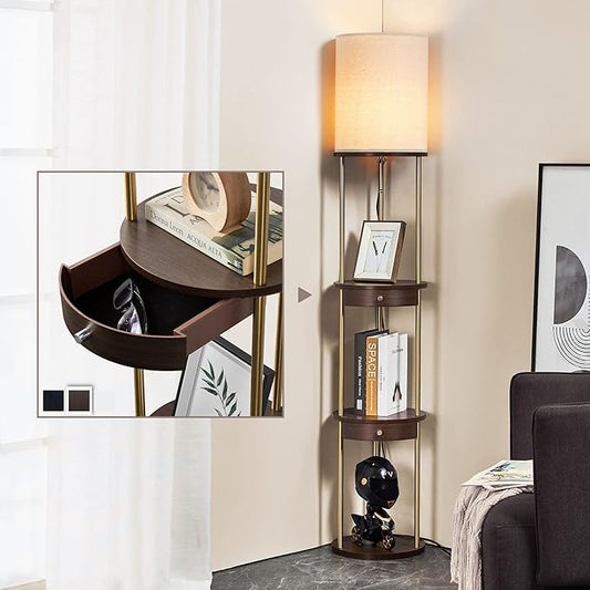 ATAMIN 63" LED Floor Lamps for Living Room, Display Shelf for Collectibles, Room Storage Shelf with Drawer, Corner Lamp for Bedroom, Floor Lamp with Shelves