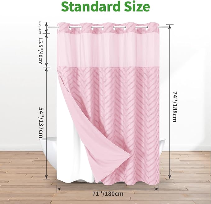 No Hook Boho Farmhouse Shower Curtain with Snap-in Fabric Liner set-71Wx74H(72H),Pink Tufted Chevron Striped Hotel Grade Cloth Shower Curtains for Bathroom with Window,Water Repellent