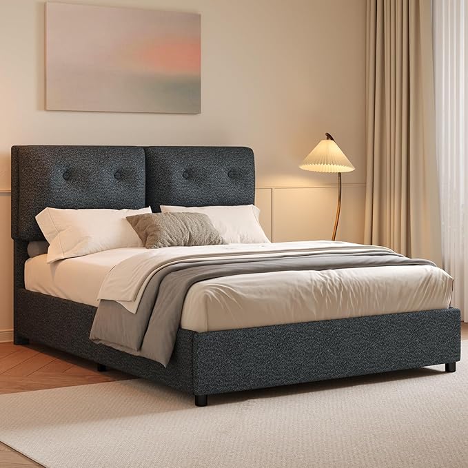 Full Bed Frames,Breathable Boucle Fabric Upholstered Bed Frame with Headboard,Removable and Washable,Wood Slat Support,No Box Spring Needed,Easy Assembly,Black