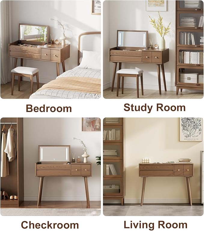 KungFuWood Wood Vanity Desk with Mirror and Lights, Dressing Vanity Table Vanity Set 4 Drawers, 40 Inch Large Make Up Vanity Table Wooden with 3 Lighting Modes Log Color (with Adapter)