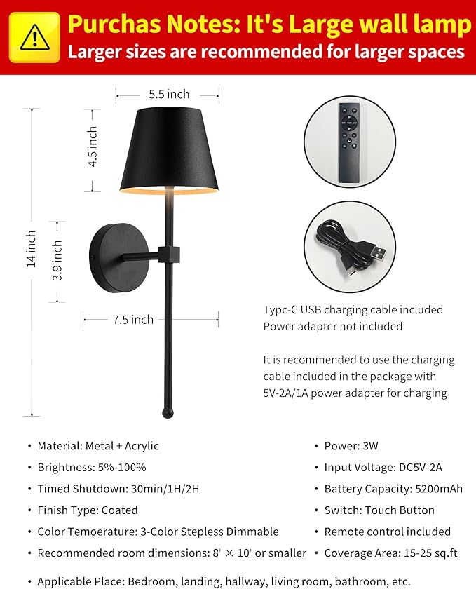 KDG Cordless Wall Sconces Set of 2, Wireless 5200mAh Rechargeable Battery LED Wall Lamps, Wall Lightings for Wall Painting, Outdoor, Garden, Living Room, Bedside, Hallway, Gifts, Night Light (Black)