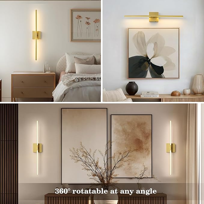Wireless Battery Operated Wall Sconces Set of Two, Dimmable Modern Wall Sconce with Remote Control, 360°Rotation & Timer & Memory, Gold Led Rechargeable Wall Lights for Living Room, 28.3 Inch