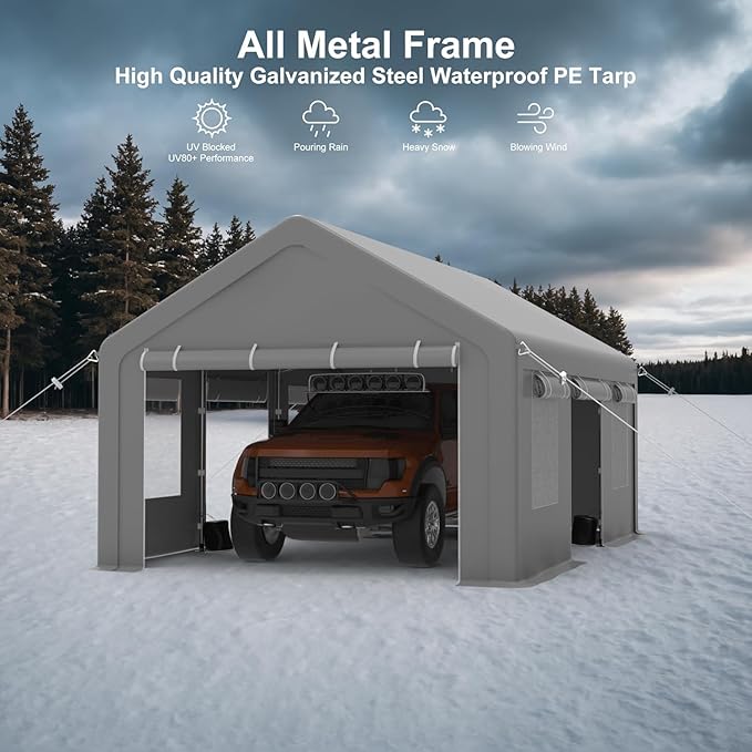 12x20ft Carport Heavy Duty, Portable Garage with 4 Doors + 4 Window, Upgraded Carport with Reinforced Steel Poles, Uv Resistant Waterproof Tarp for Car, Truck, Boat