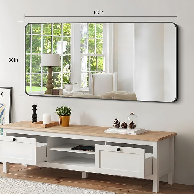 Bathroom Mirror, 30x60 inch Black Rectangle Wall Mirror, Metal Frame Rounded Corner Vanity Mirror, Large Wall Mounted Mirrors for Over Sink Bedroom Living Room Horizontal Or Vertical Mounting