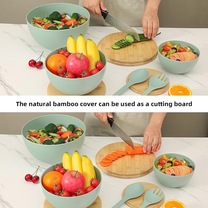 Salad Bowls Set of 3 with Lid & Serving Utensils, Bamboo Fiber Mixing Bowls Set Large Serving Bowls & Storage Set with Bamboo Lid for Salad, Kitchen Eating, Pasta, Popcorn, Chips, Fruit, Cyan