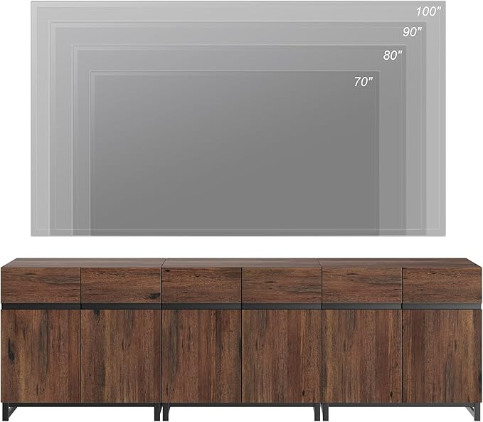 WAMPAT Modern TV Stand for 75-110 Inch TVs, Wooden Entertainment Center TV Console with Metal Base and Adjustable Shelves for Living Room, Bedroom, 94.5 Inch, Brown