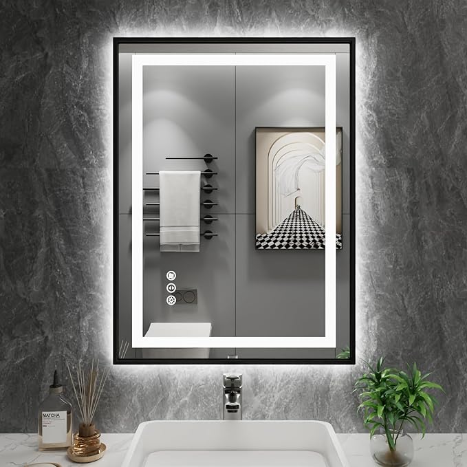 Amorho 20"x 28" LED Bathroom Mirror with Black Frame, Front Light and Backlit, Stepless Dimmable, Anti-Fog, Shatter-Proof, Memory, 3 Colors, Double LED Vanity Mirror