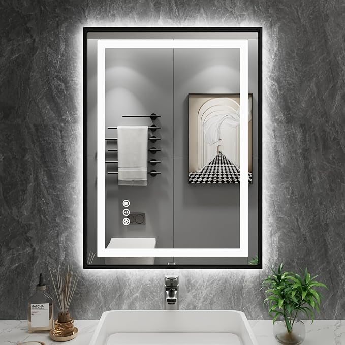 Amorho 28"X36" LED Bathroom Mirror with Black Frame, Front Light and Backlit, Stepless Dimmable, Anti-Fog, Shatter-Proof, Memory, 3 Colors, Double LED Vanity Mirror