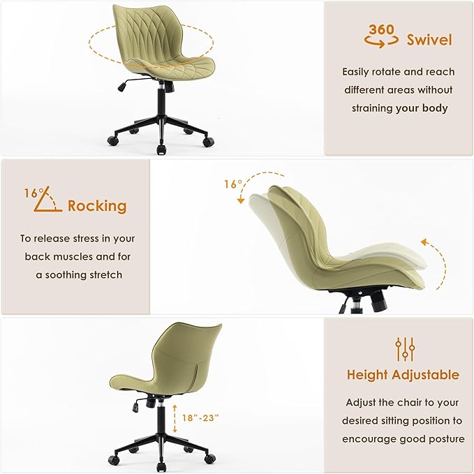 YOUNUOKE Armless Desk Chair Comfy Office Chair with Wheels Home Ergonomic Task Chair Adjustable Computer Chairs Modern Faux Leather Swivel Chair Upholstered Makeup Vanity Chair with Back(Avocado)