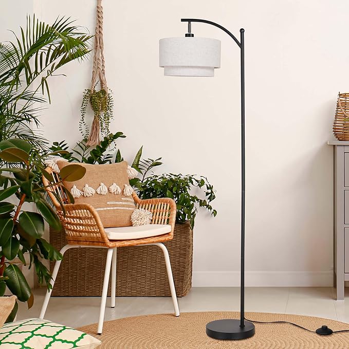 SUNMORY Floor Lamps for Living Room with 12W LED Bulb, Arc Floor Lamp with 3 Color Temperatures, Modern Floor Lamps with Adjustable Double Fabric Shades, Tall Standing Lamp for Bedroom, Corner