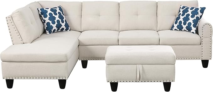98 Inch L Shaped Sectional Sofa with Chaise Lounge, Storage Ottoman and 2 Pillows, 4-Seaters Linen Upholstered Tufted Couch w/Cupholder & Nailhead Trim for Living Room, Office, Beige