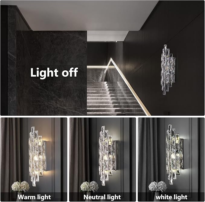 Modern Crystal Chrome Wall Sconces, Wall Light Fixtures, Indoor Wall Lamp, Vanity Wall Mount Lamps for Living Room Bedroom Bathroom Bedside Hallway Stairway