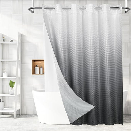 MitoVilla No Hooks Needed Grey Ombre Waffle Shower Curtain with Snap-in Liner, Modern Waffle Weave Heavy Duty Fabric Cloth Shower Curtain for Luxury Neutral Hotel Spa Bathroom Decor, 72 x 74