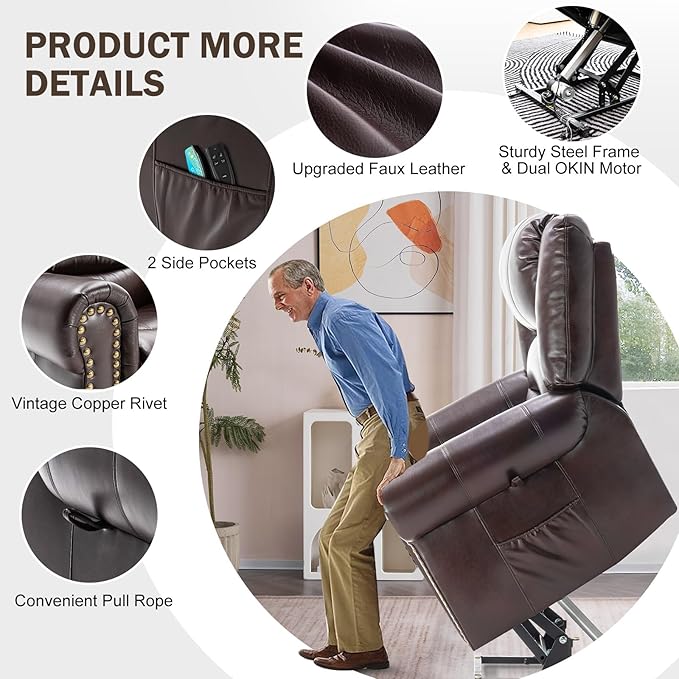 CDCASA Dual Motor Lay Flat Lift Chairs Recliners for Elderly with Massage and Heat, Breathable Leather Infinite Position Large Sleeping Electric Power Lift Chair Recliner for Seniors, Brown