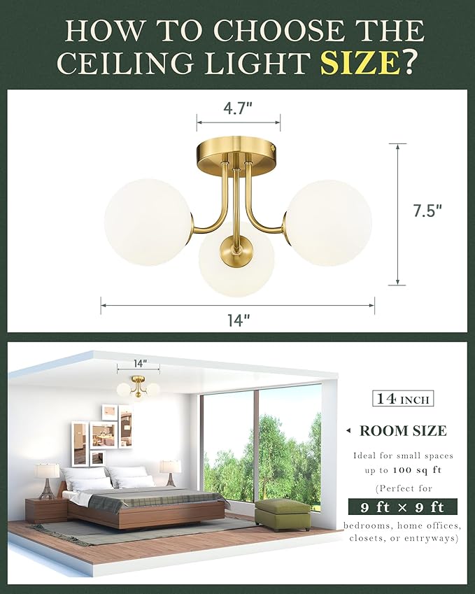 3-Globe Gold Semi Flush Mount Ceiling Light in a Modern Farmhouse Design is Ideal for Living Rooms, Bedrooms, or Dining Rooms. Model:CKCL4845-3W-PG