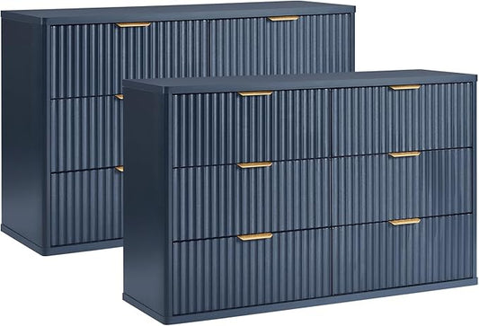 LEYAOYAO Fluted 6 Drawers Dresser Set of 2, 48" Wide Modern Chest of Drawers with Metal Handle, Navy Blue Curved Profile Dresser TV Stand, Wooden Drawer Organizer for Bedroom, Living Room, Hallway