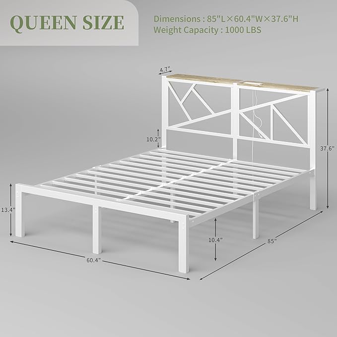 Queen White Metal Bed Frame with USB Charging Station, LED Ambient Lighting, and Wooden Storage Headboard - Includes Under-Bed Storage, No Box Spring Needed, Noise Free, Easy to Assemble