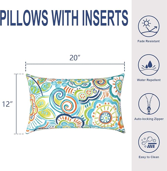 Outdoor/Indoor Lumbar Pillows, Water Repellent Cushion Pillows, 12x20 Inch, Outdoor Pillows with Inserts for Home Garden, Pack of 2, Flower Blue
