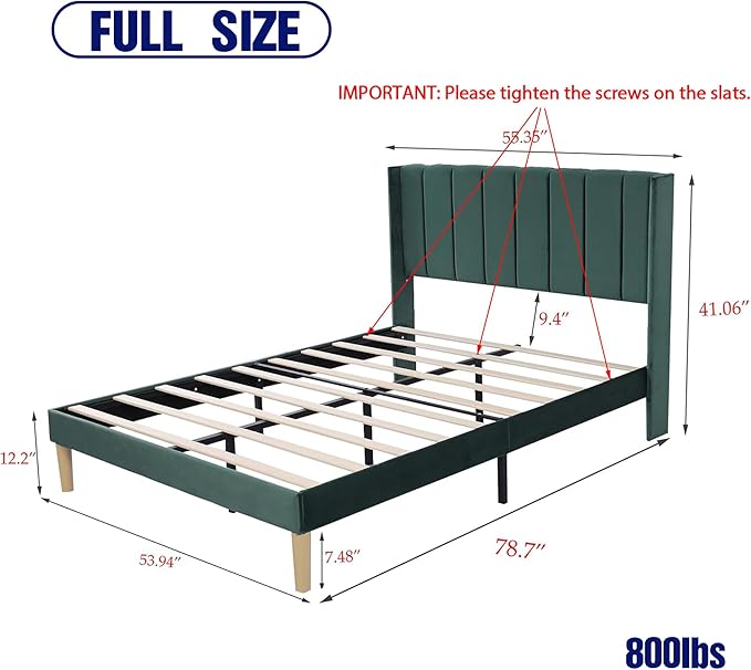 Upholstered Platform Full Size Bed Frame with Headboard Wooden Slats Support No Noise Easy Assembly Green Velvet
