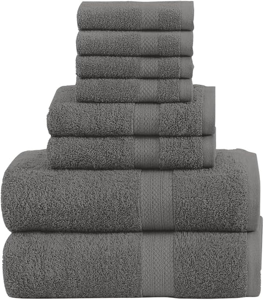 Pack of 8 Towels Set, 2 Large Bath Towels, 2 Hand Towels, 4 Wash Cloths, 100% Cotton, Lighter Weight, Quicker to Dry, Super Absorbent, Perfect for Bathroom (Grey)
