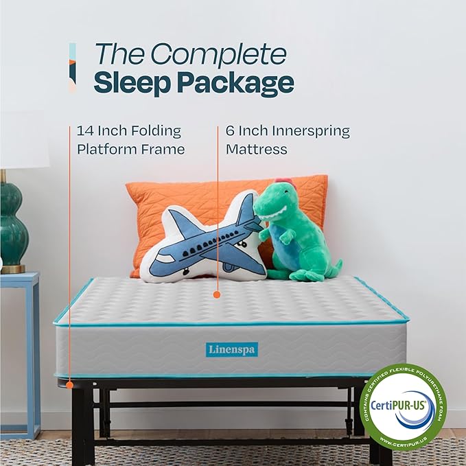 Linenspa 6-Inch Innerspring Mattress - Full + 14-Inch Folding Platform Bed Frame