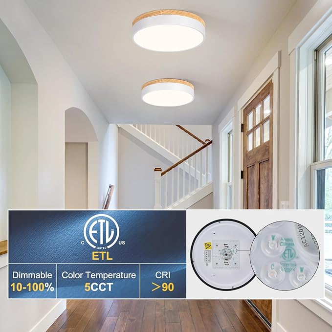 Dimmable Wood LED Flush Mount Ceiling Light, 5CCT 2700K-6000K Modern Round Close to Ceiling Lighting Fixtures, Minimalist White Ceiling Lamp for Bedroom, Kitchen, Hallway, Laundry Room