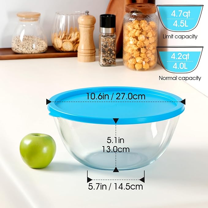 NUTRIUPS 4.7 Quart Large Glass Mixing Bowl with Lid, Deep Big Glass Bowl Large Salad Bowl (Blue)
