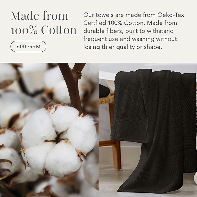 NY Loft 100% Cotton Towel Set 6 Piece | Super Soft & Absorbent Quick-Dry 2 Bath Towels 2 Hand Towels & 2 Washcloths | Textured and Durable Cotton | Premium Thick Towels | 6 Piece Set - Black