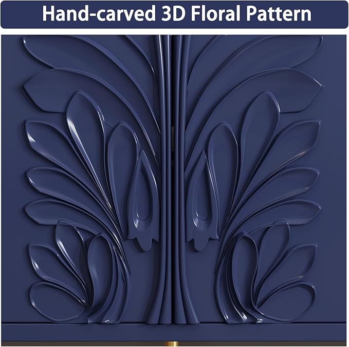 TV Stand for TVs up to 75 Inches, Mid Century Modern Entertainment Center with 3D Flower Pattern, Wood Media Console with 2 Fluted Glass Doors, Storage Cabinet for Living Room, Blue