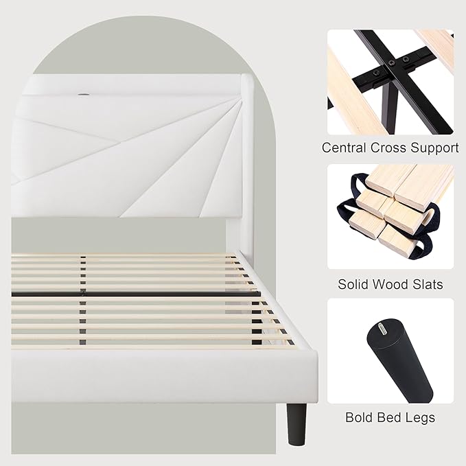 Feonase Queen Size Bed Frame with Charging Station, Velvet Upholstered Platform Bed Frame with Wingback Storage Headboard, Solid Wood Slats Support, No Box Spring Needed, Noise Free, White