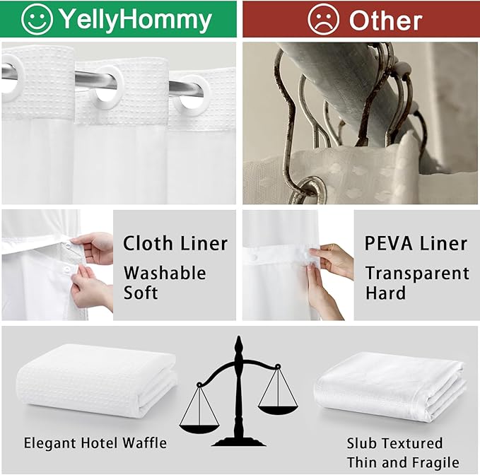 YellyHommy Stall No Hook Shower Curtain with Snap in Fabric Liner Set Less Time White Waffle Shower Curtain for Bathroom 75" L x 60" W
