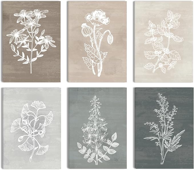 BINCUE Neutral Botanical Plant Canvas 6 Pieces Rustic Farmhouse Wall Art for Living Room Bedroom and Bathroom,Canvas Paintings Print Set Decor 12"x 16"