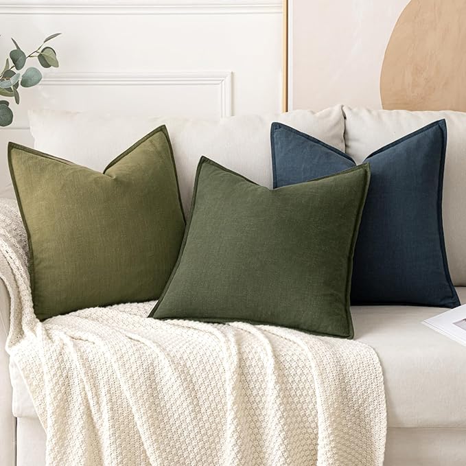 MIULEE Decorative Linen Pillow Covers 16x16 Inch Dark Olive Green Boho Farmhouse Neutral Couch Throw Pillows for Bed Pack of 2 Accent Modern Pillowcase Sofa Livingroom Home Decor