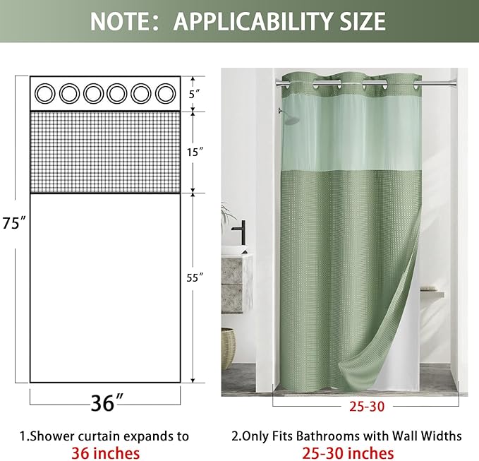YellyHommy Stall No Hook Shower Curtain with Snap in Liner Set Less Time Green Waffle Shower Curtain for Bathroom 75" L x 36" W