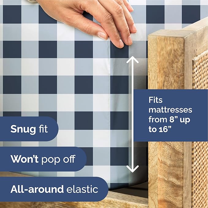 Blue Gingham Bed Sheet Set – 1 Flat & 1 Fitted Sheet & 2 Pillowcases w/ Deep Pockets – Grid, Plaid, Checkered Pattern Bedding - Wrinkle & Fade Resistant - Ultra-Soft, Breathable & Cooling - Queen Size